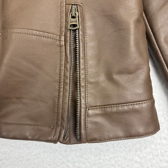 Levi Strauss Mens L Brown Faux Leather Hooded Bomber Jacket Quilted Lined - Picture 10 of 11